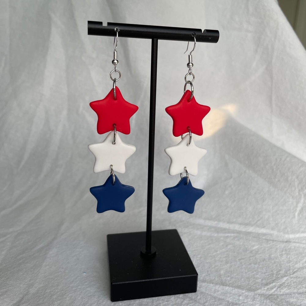Handmade Polymer Clay Red, White, and Blue holiday star dangly earrings